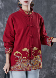 Red Chinese Style Cotton Shirts Embroideried Spring