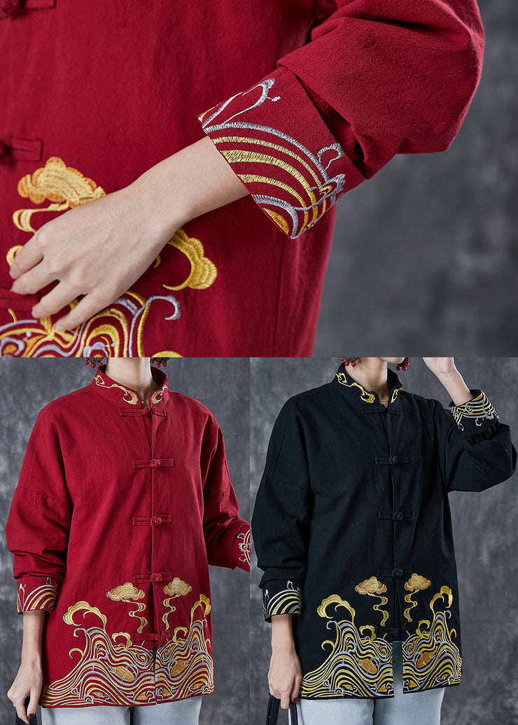 Red Chinese Style Cotton Shirts Embroideried Spring