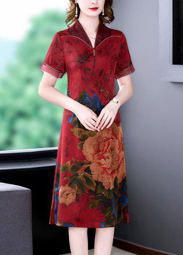 Red Chinese Style Silk Long Dresses Print Side Open Summer