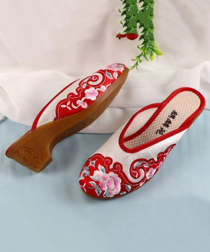 Red Chunky Cotton Fabric Boho Embroidery Slide Sandals