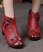 Red Chunky Cowhide Leather Comfy Floral Splicing Boots