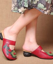 Red Chunky Cowhide Leather Unique Floral Splicing Slide Sandals