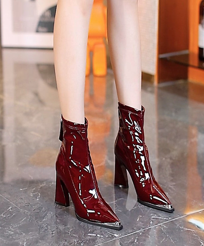 Red Chunky Heel Faux Leather Boutique Splicing Boots Pointed Toe