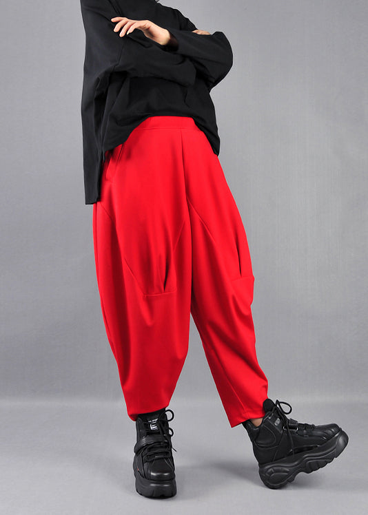 Red Cotton Harem Pants Oversized Wrinkled Spring