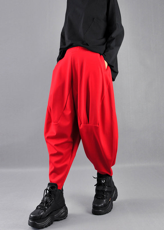 Red Cotton Harem Pants Oversized Wrinkled Spring