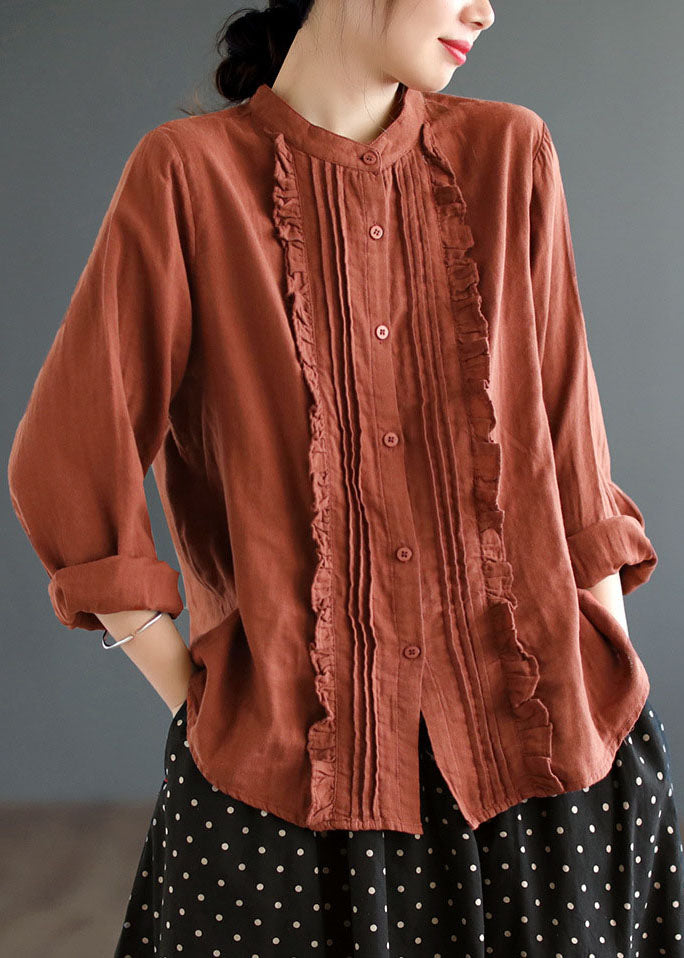 Red Cotton Shirt Stand Collar Ruffled Wrinkled Spring