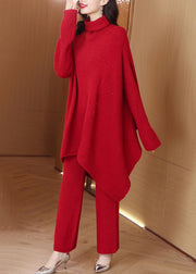 Red Cozy Knit Winter Two Pieces Set Asymmetrical