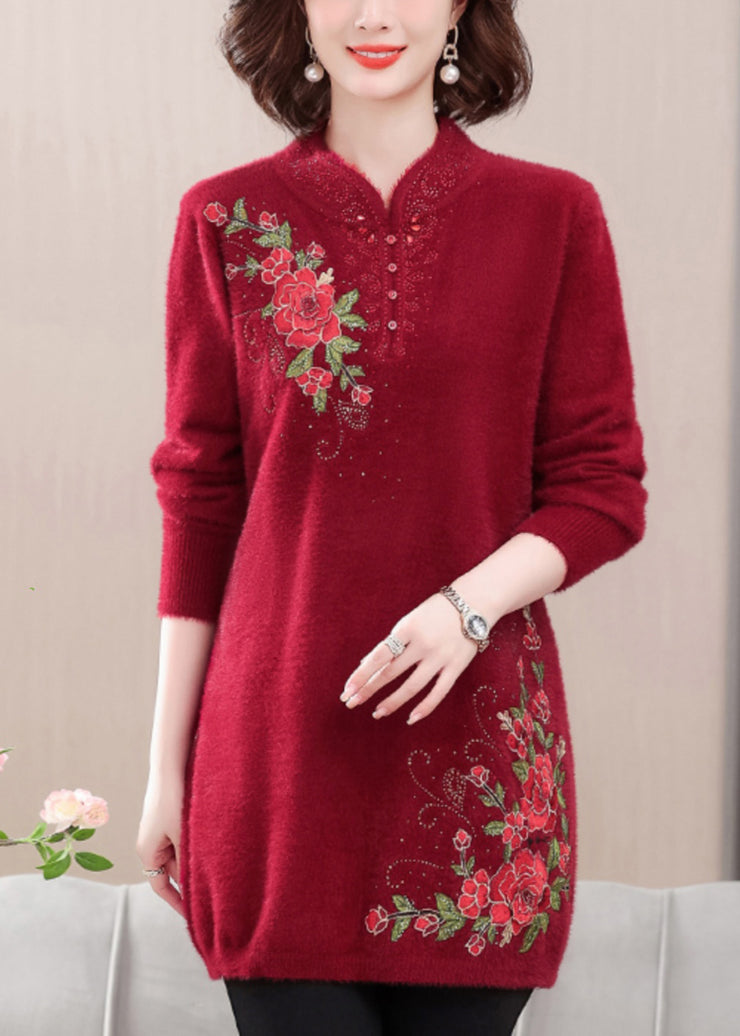 Red Cozy Mink Velvet Sweaters Embroidered Spring