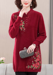 Red Cozy Mink Velvet Sweaters Embroidered Spring