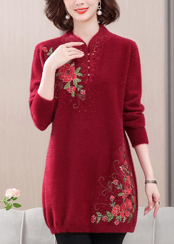 Red Cozy Mink Velvet Sweaters Embroidered Spring