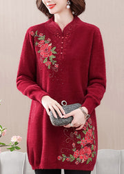 Red Cozy Mink Velvet Sweaters Embroidered Spring