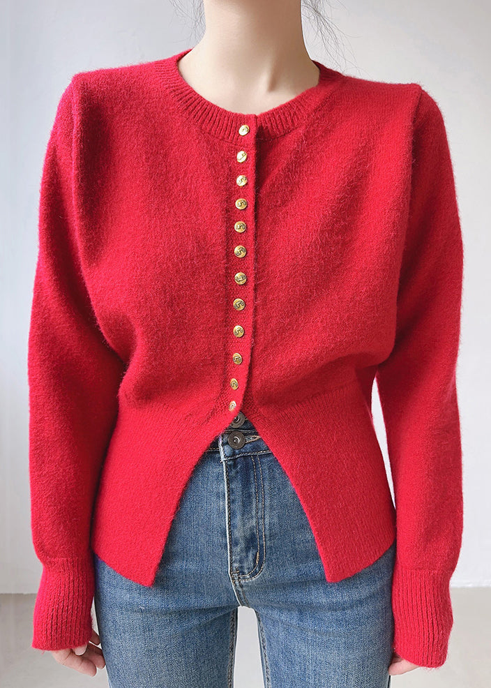 Red Cozy Patchwork Cotton Knit Top O Neck Long Sleeve