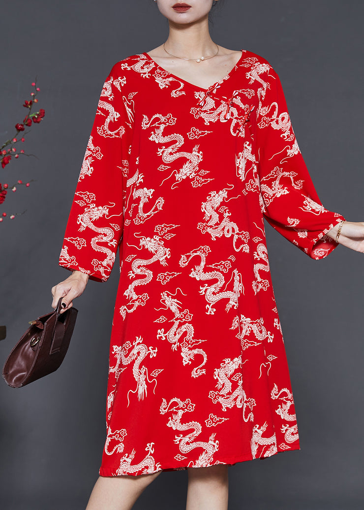 Red Dragon Print Cotton Dresses Chinese Button Summer