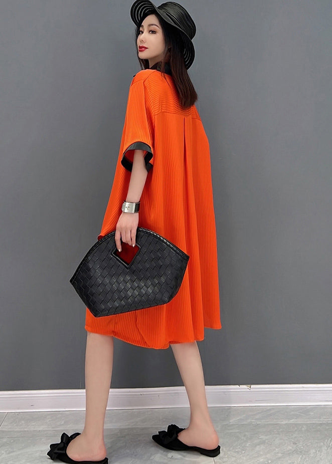 Orange Draping Chiffon Long Shirt And Shorts Women Sets 2 Pieces Peter Pan Collar Side Open Summer