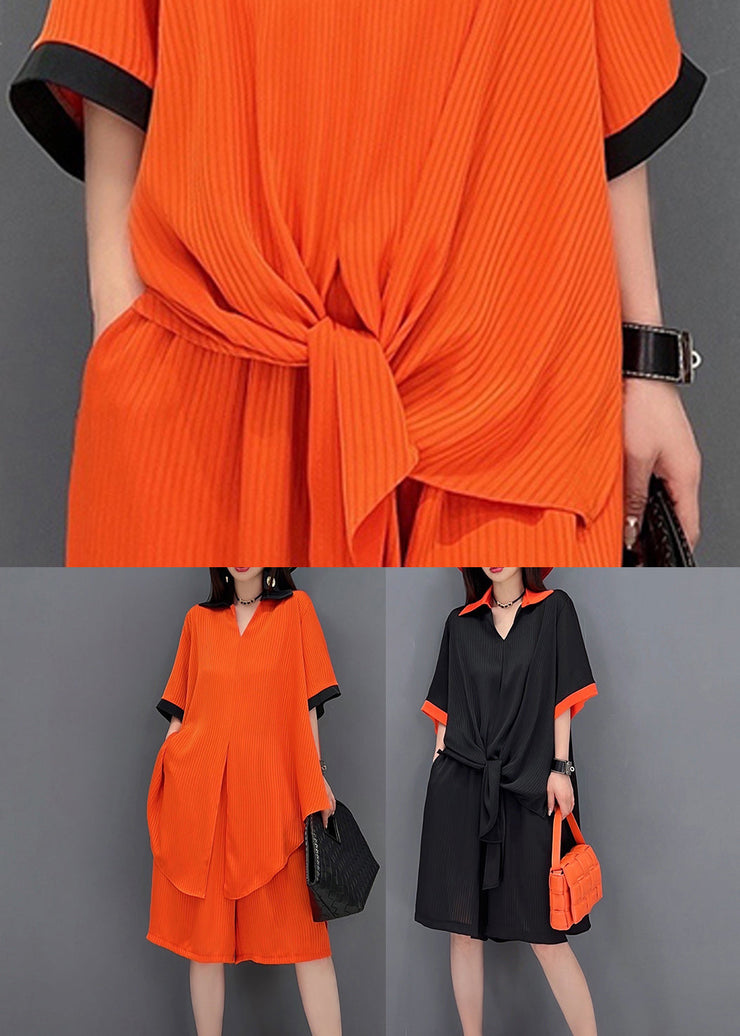 Orange Draping Chiffon Long Shirt And Shorts Women Sets 2 Pieces Peter Pan Collar Side Open Summer