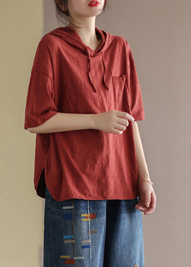 Red Drawstring Solid Cotton Hooded T Shirt Summer