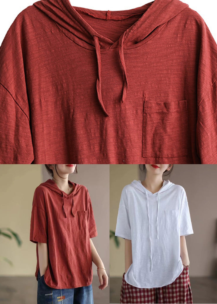 Red Drawstring Solid Cotton Hooded T Shirt Summer