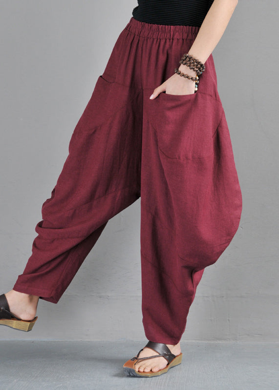 Red Elastic Waist Pockets Beam Pants Summer