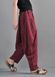 Red Elastic Waist Pockets Beam Pants Summer