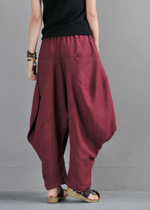 Red Elastic Waist Pockets Beam Pants Summer