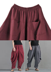 Red Elastic Waist Pockets Beam Pants Summer