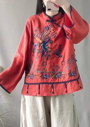 Red Embroideried Floral Button Linen Top Long Sleeve