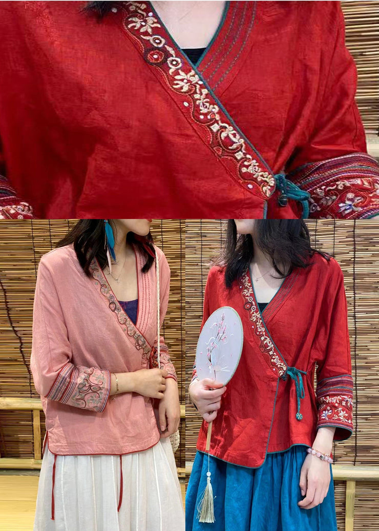 Red Embroideried Floral Tie Waist Linen Top Long Sleeve