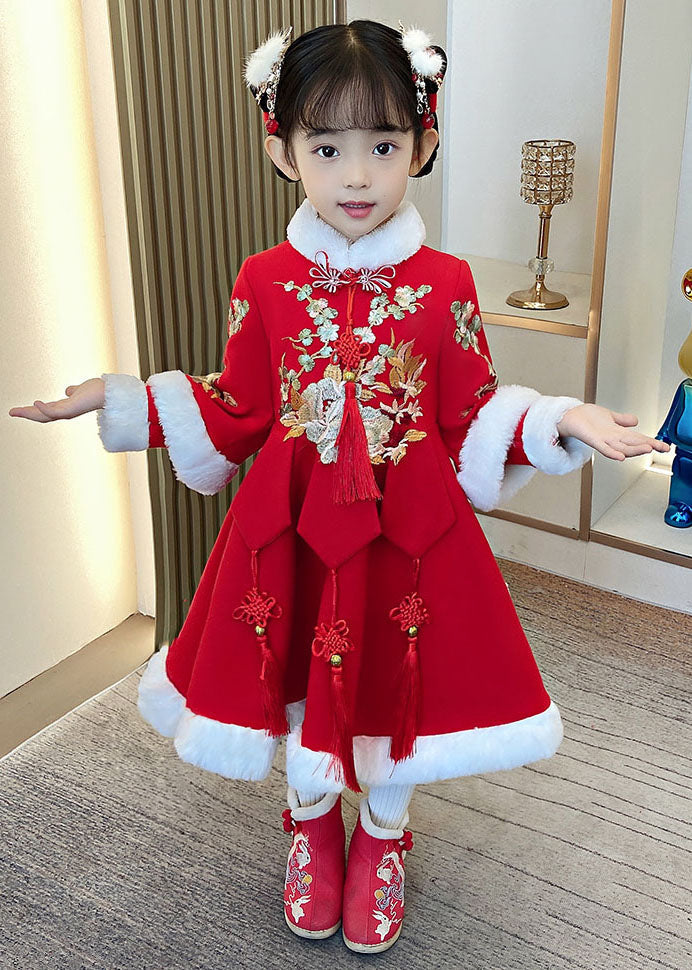 Red Embroideried Fur Collar Thick Kids Maxi Dresses Long Sleeve