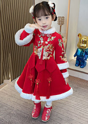 Red Embroidered Fur Collar Thick Kids Maxi Dresses Long Sleeve