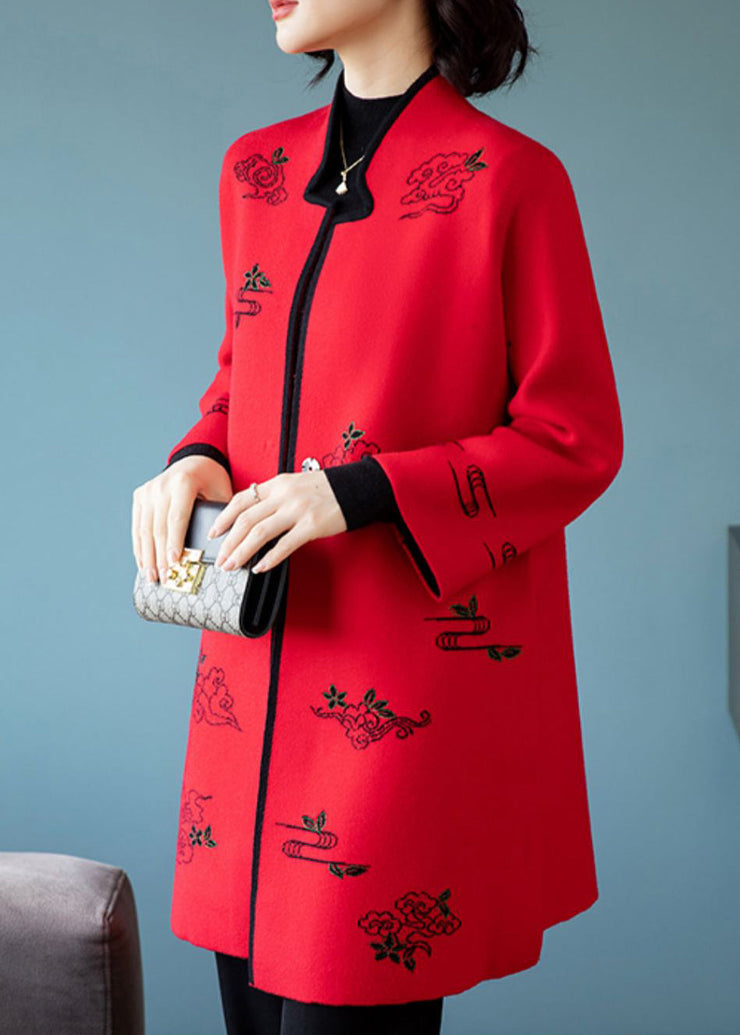 Red Embroideried Stand Collar Patchwork Wool Coats Stand Collar Long Sleeve