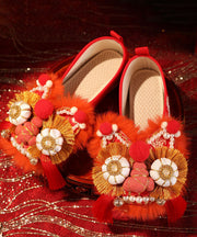 Red Embroidery Nail Bead Handmade Splicing Flat Feet Shoes