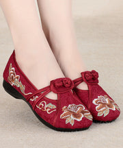 Red Flat Shoes Cotton Fabric Boho Embroidery Splicing