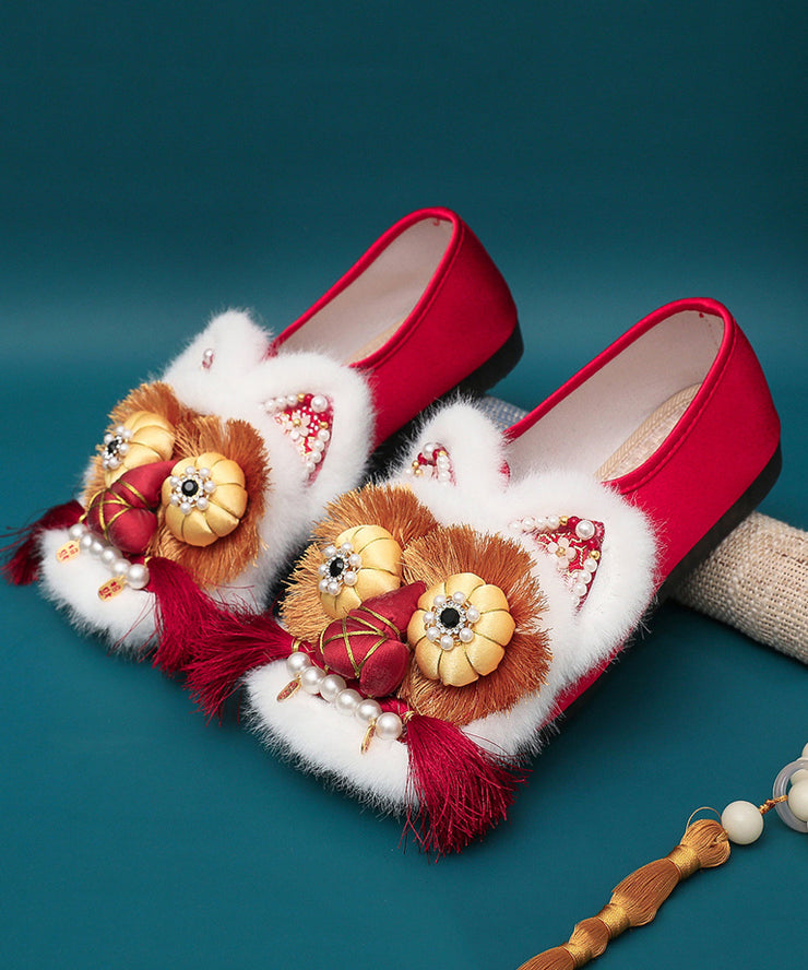 Red Flat Shoes Splicing Handmade Embroidery Nail Bead