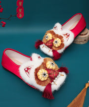 Red Flat Shoes Splicing Handmade Embroidery Nail Bead