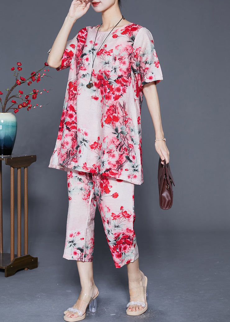 Red Floral Linen Silk Women Sets 2 Pieces Oversized Summer