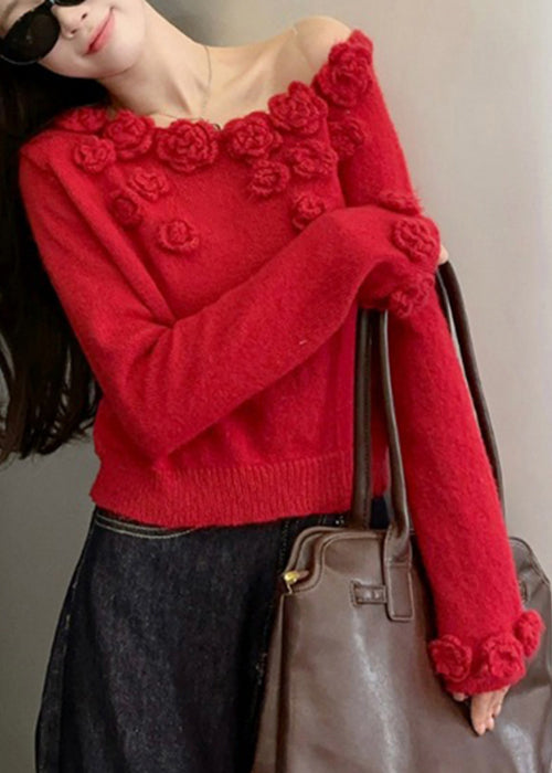 Red Floral Patchwork Knit Sweater Asymmetrical Spring