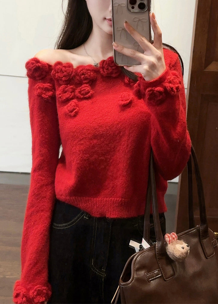 Red Floral Patchwork Knit Sweater Asymmetrical Winter