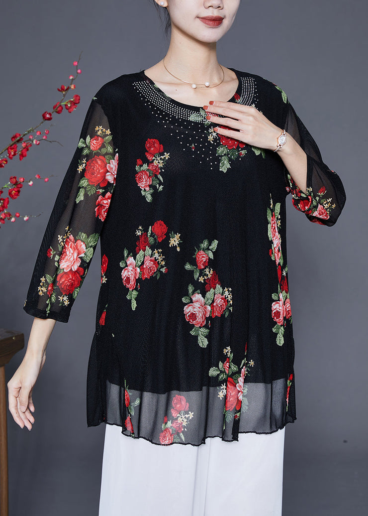 Red Floral Print Chiffon Blouse Tops O-Neck Zircon Summer