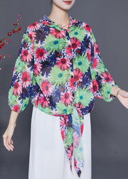 Red Floral Print Chiffon UPF 50+ Shirts Hooded Bracelet Sleeve