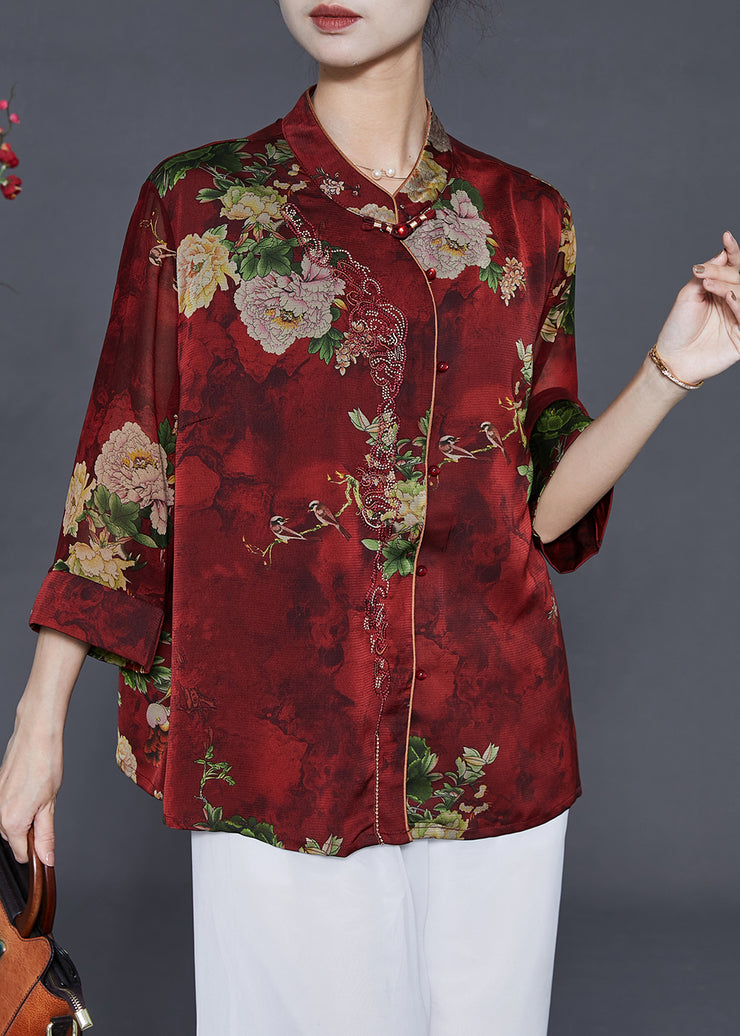 Red Floral Print Silk Shirts Mandarin Collar Summer