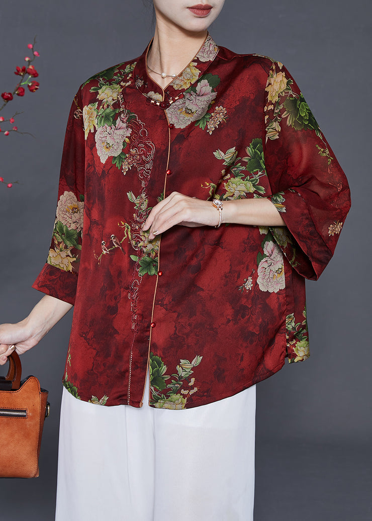 Red Floral Print Silk Shirts Mandarin Collar Summer