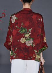 Red Floral Print Silk Shirts Mandarin Collar Summer