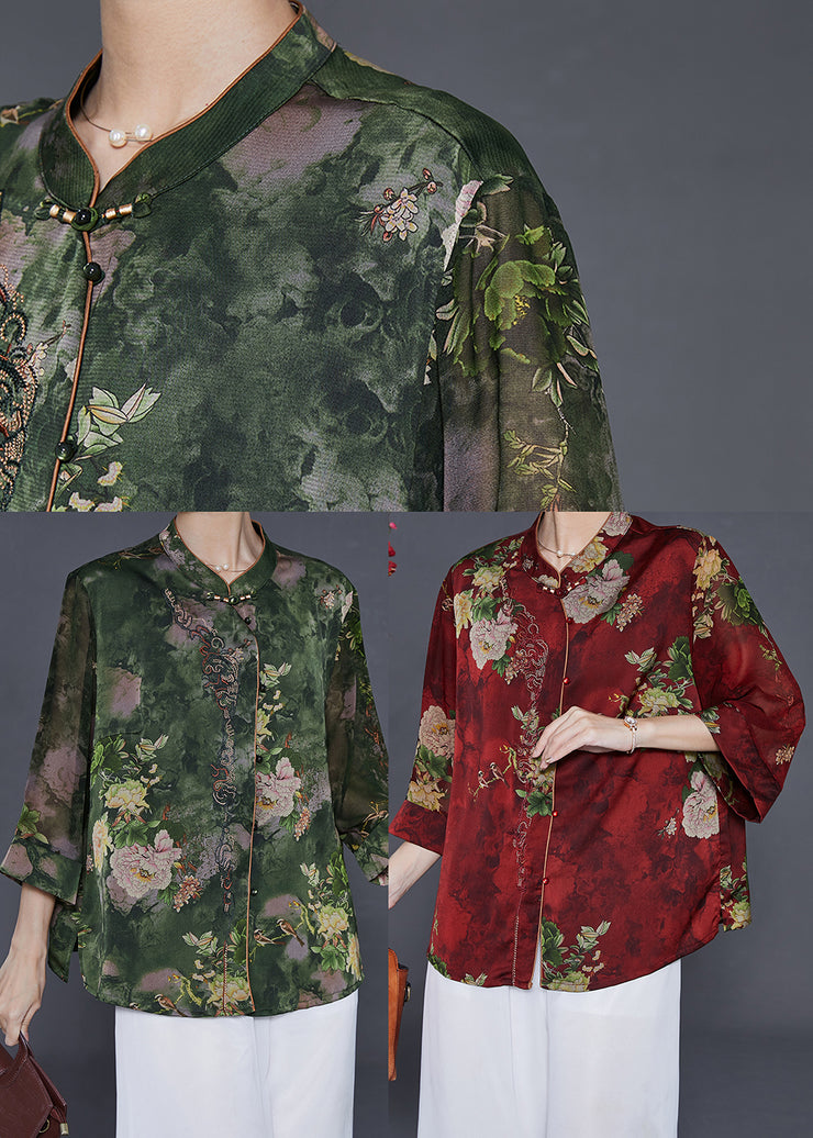 Red Floral Print Silk Shirts Mandarin Collar Summer