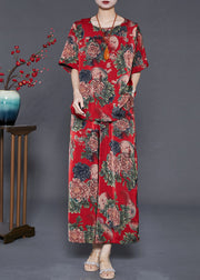 Red Floral Print Silk Two Pieces Set Oversized Summer
