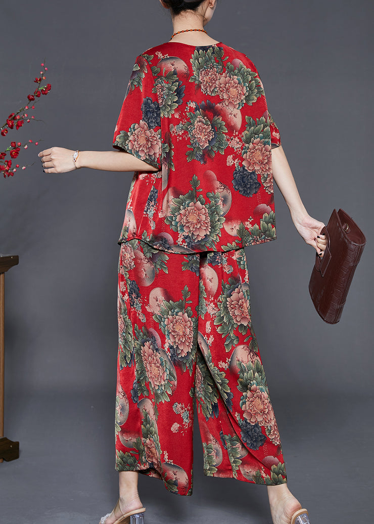 Red Floral Print Silk Two Pieces Set Oversized Summer