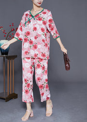 Red Floral Print Silk Two Pieces Set V Neck Chinese Button Half Sleeve