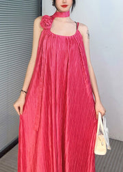 Red Floral Silk Spaghetti Strap Long Dress Cold Shoulder Summer