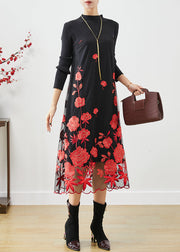 Red Floral Silm Fit Knit Long Dress Embroidered Fall