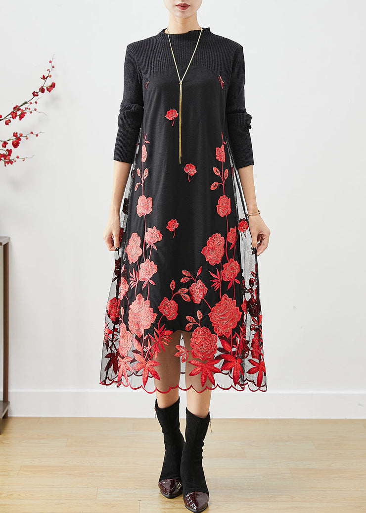 Red Floral Silm Fit Knit Long Dress Embroidered Fall