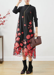 Red Floral Silm Fit Knit Long Dress Embroideried Fall